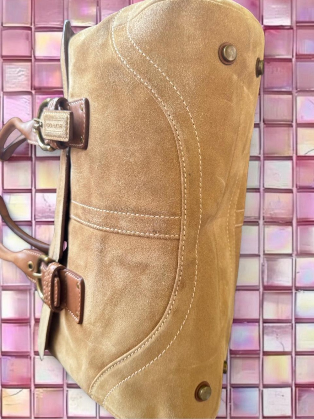 Coach Taupe Suede Shoulder Bag with Tan Leather Trim - Picture 3 of 5